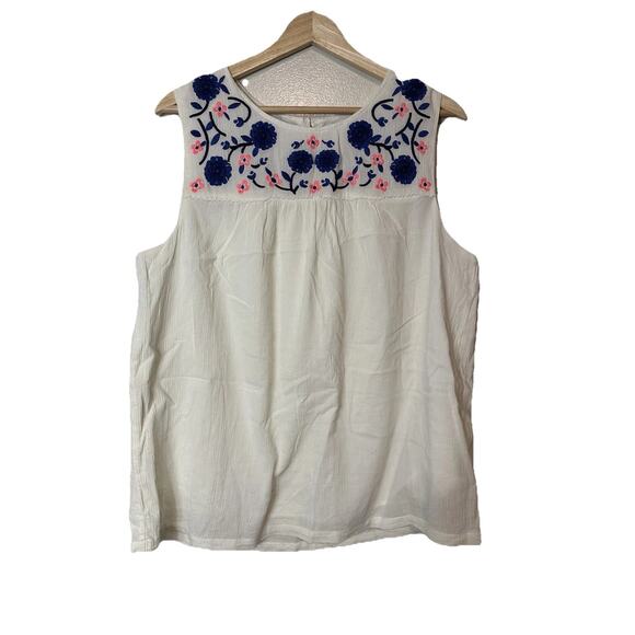 Boden Embroidered Floral White Sleeveless Top Womens 14 Crepe Cottagecore Boho‎ - Picture 2 of 8